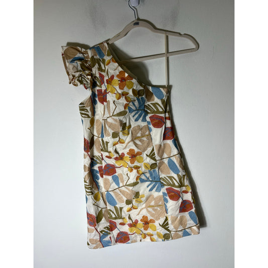 Greylin Off White Floral Print One Shoulder Knee Length Cotton Dress Sz S