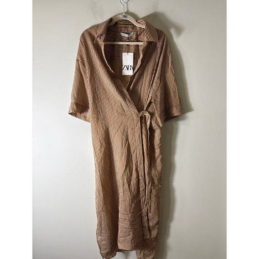 NWT Zara Brown and Goild Stripe Wrap Dress Sz L