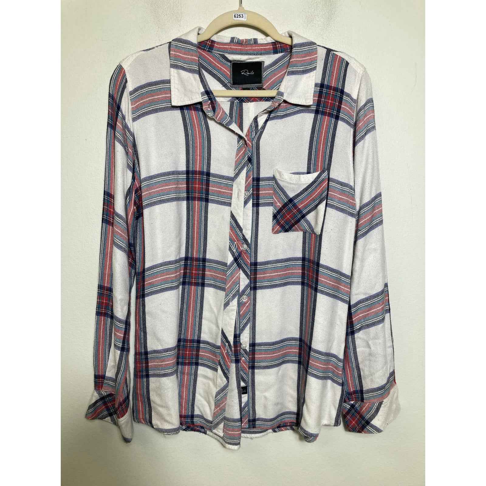 Rails White Blue Red Plaid Long Sleeve Button Up Shirt Sz L