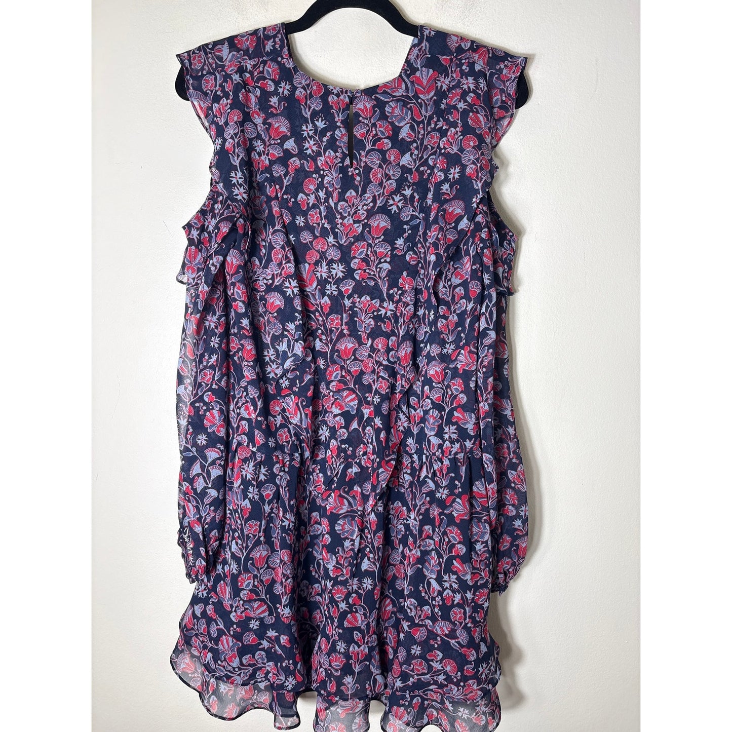 BCBG Navy and Red Cold Shoulder Long Sleeve Chiffon Mini Dresss Sz S