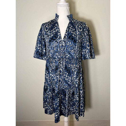 Tuckernuck Blue White Print Short Bell Sleeve V Neck Knee Length Dress Sz S