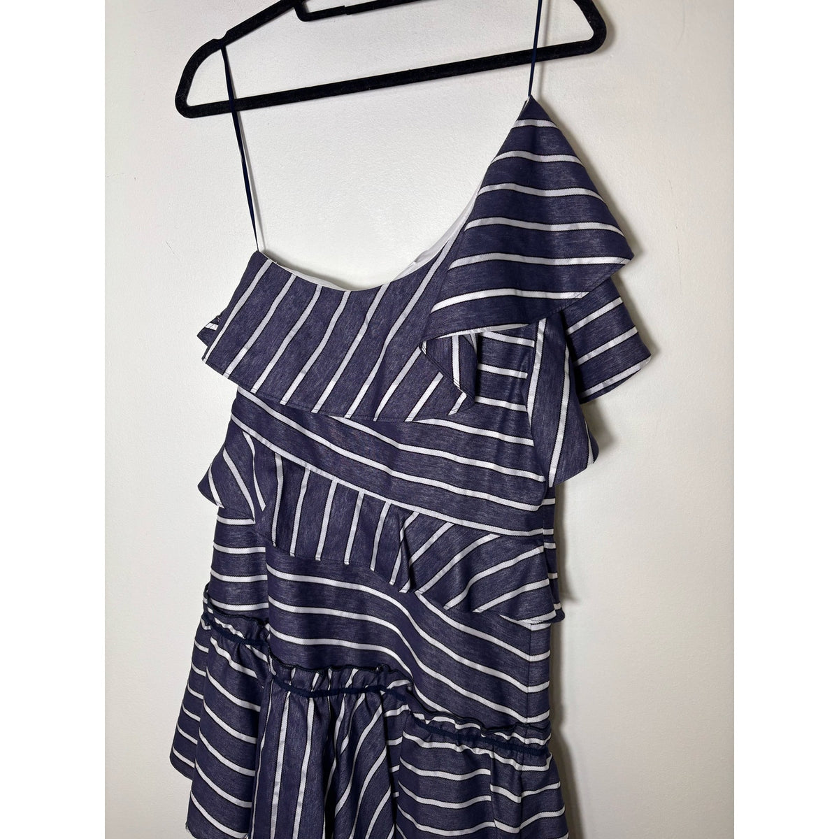 Prose and Poetry Navy Blue White Stripe One Shoulder Knee Length Dress Sz M