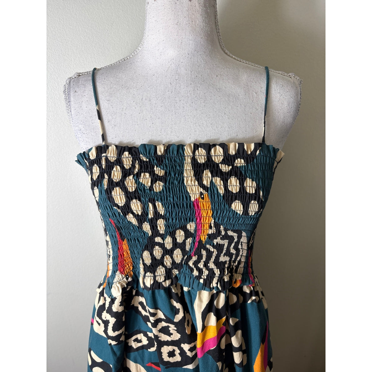Farm Rio Dark Green Tucan Smocked Cotton Maxi Dress Sz M