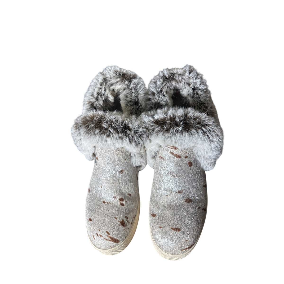 J. Slides Gray/Silver Leather Faux Fur Animal Print Pull On Bootie Sz 8