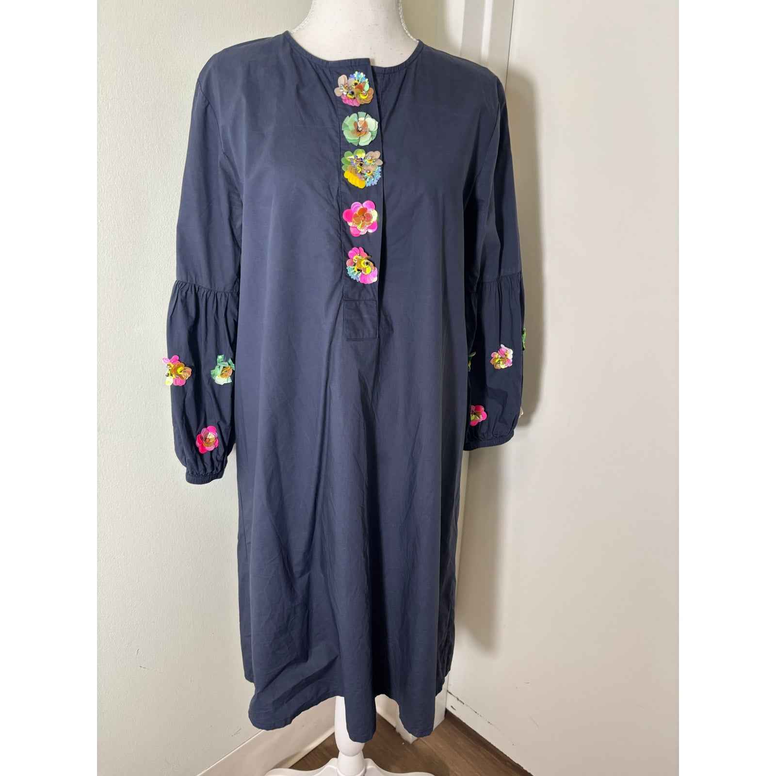 Vilagallo Navy Cotton Dress with Embelished Sequined Flowers Sz 40