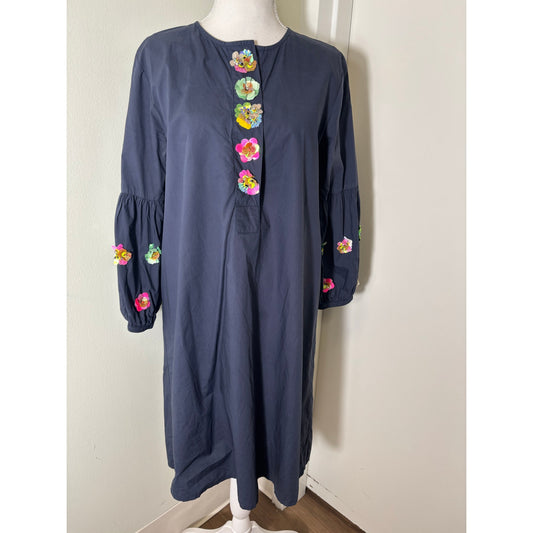 Vilagallo Navy Cotton Dress with Embelished Sequined Flowers Sz 40