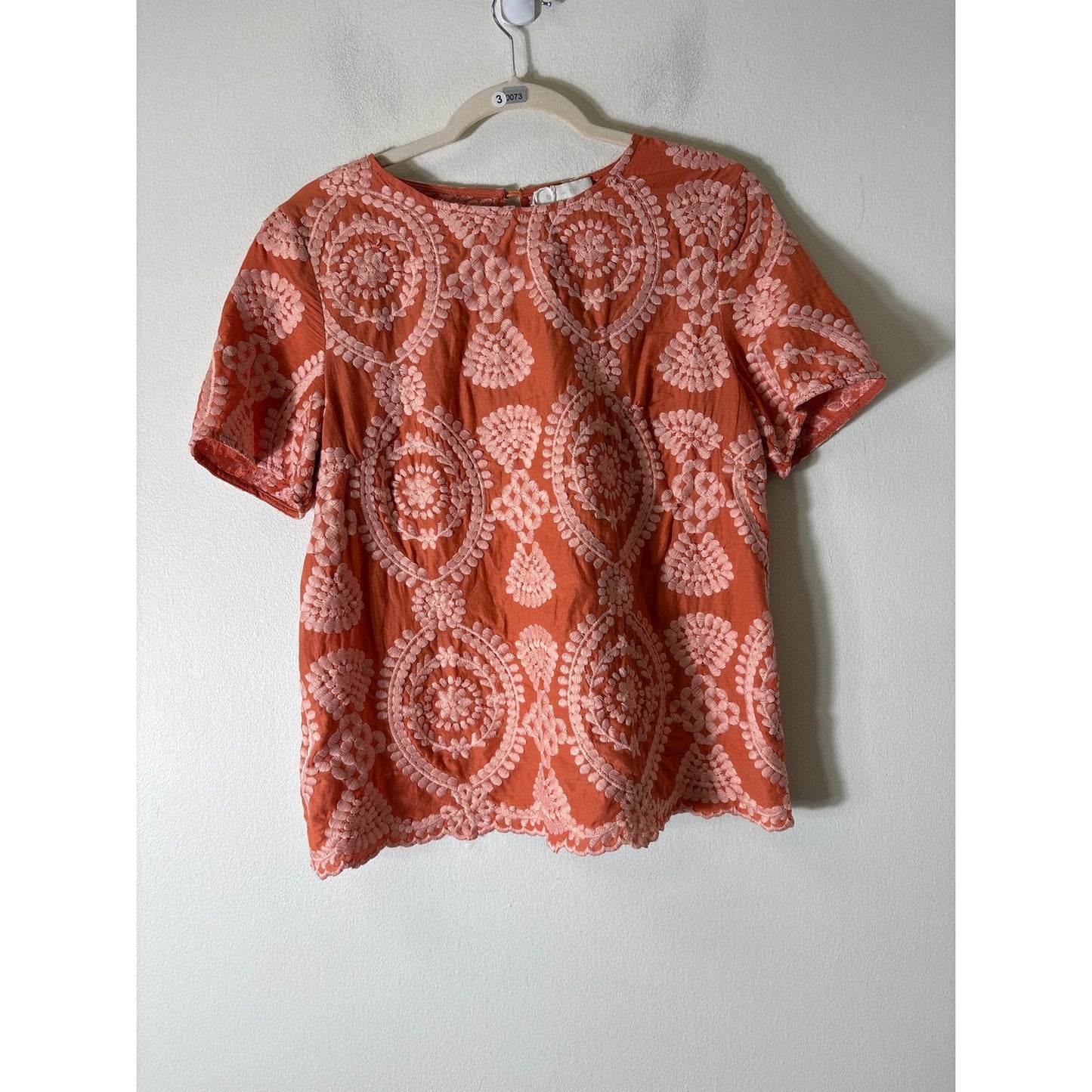 eri + ali Orange Embroidered Short Sleeve Cotton Shirt Sz S