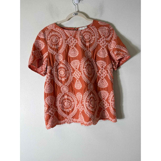 eri + ali Orange Embroidered Short Sleeve Cotton Shirt Sz S
