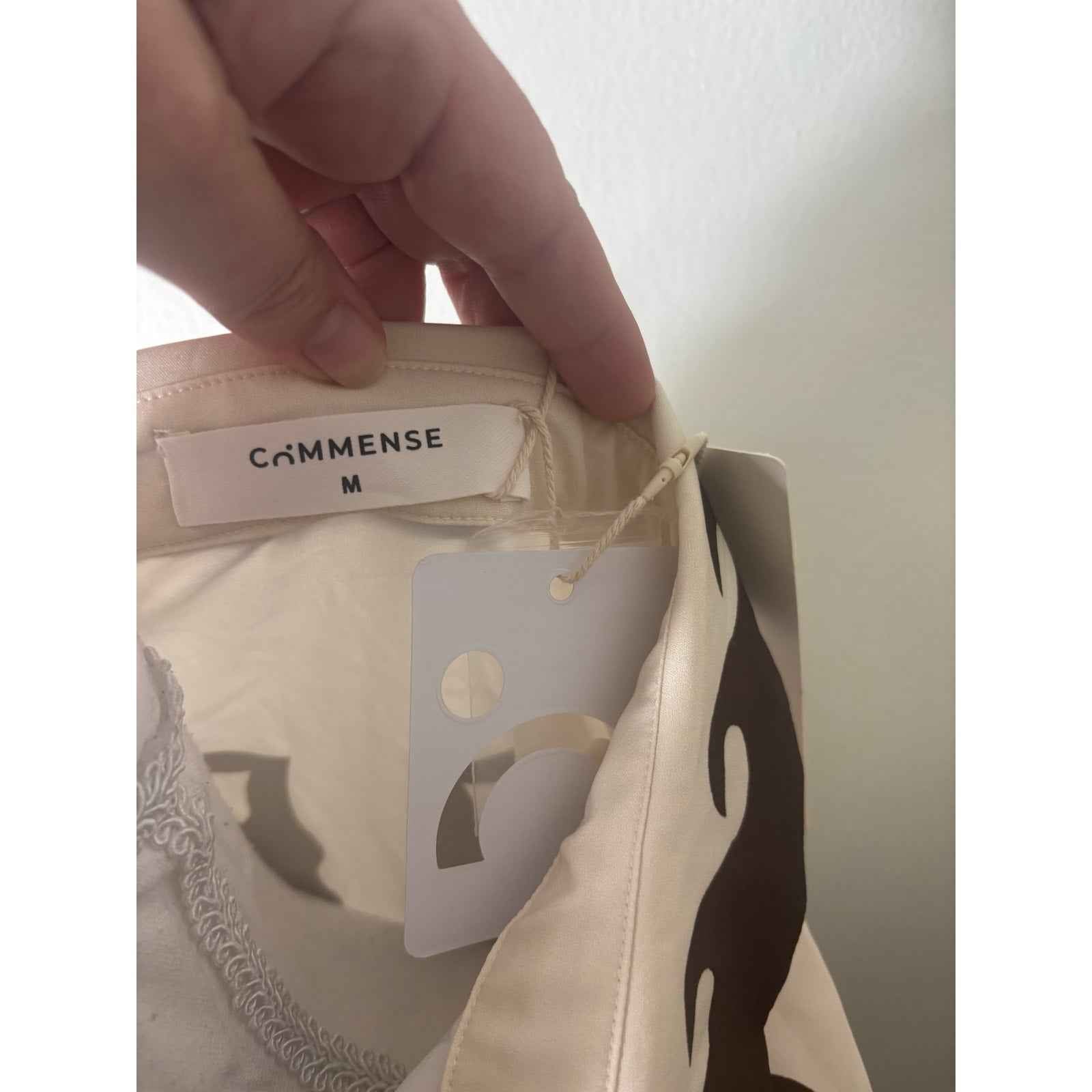 NWT Commense Off White Brown Mini Skirt Set with Half Sleeve Button Up Top Sz M