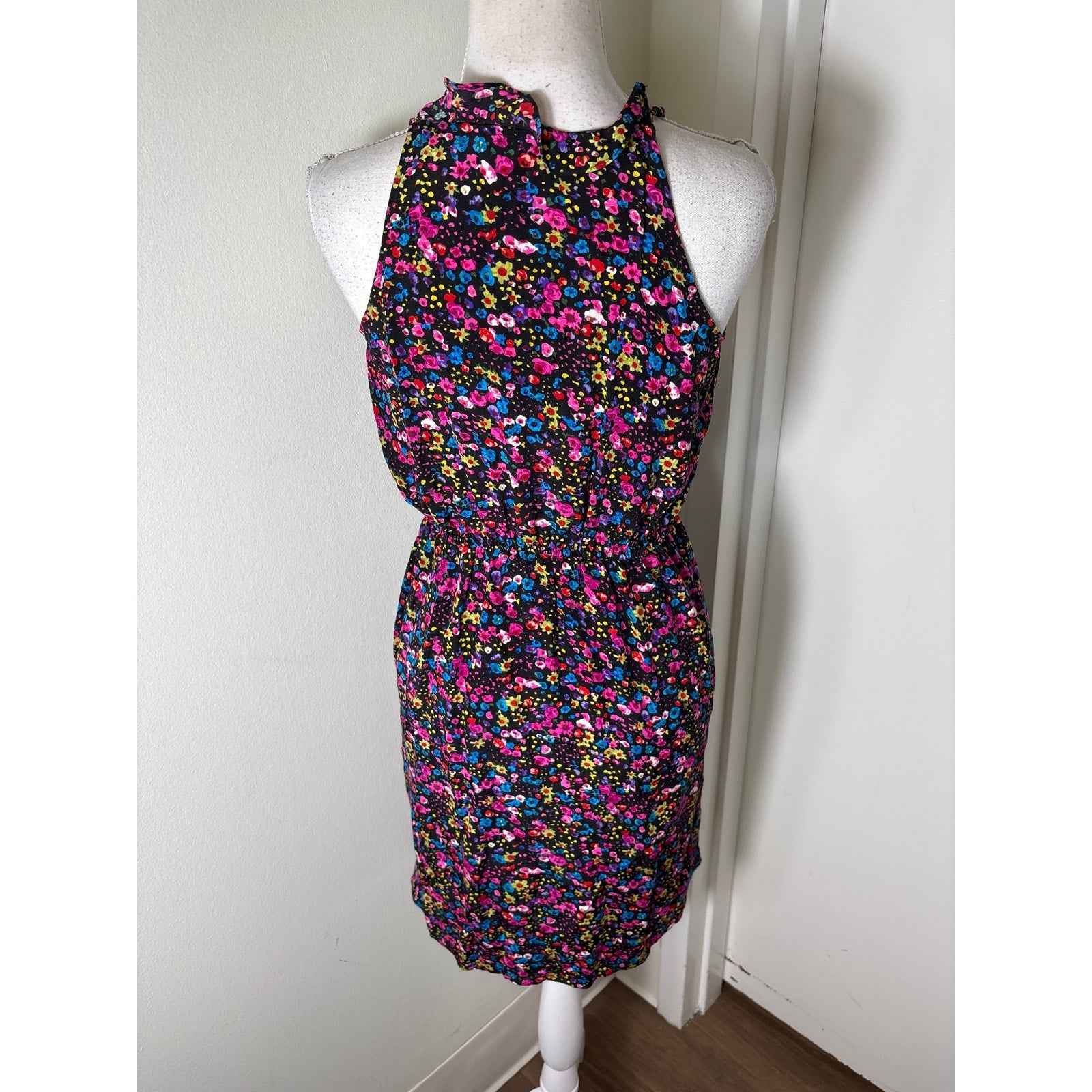 Rebecca Taylor Black Floral Sleeveless Silk Knee Length Dress Sz 2