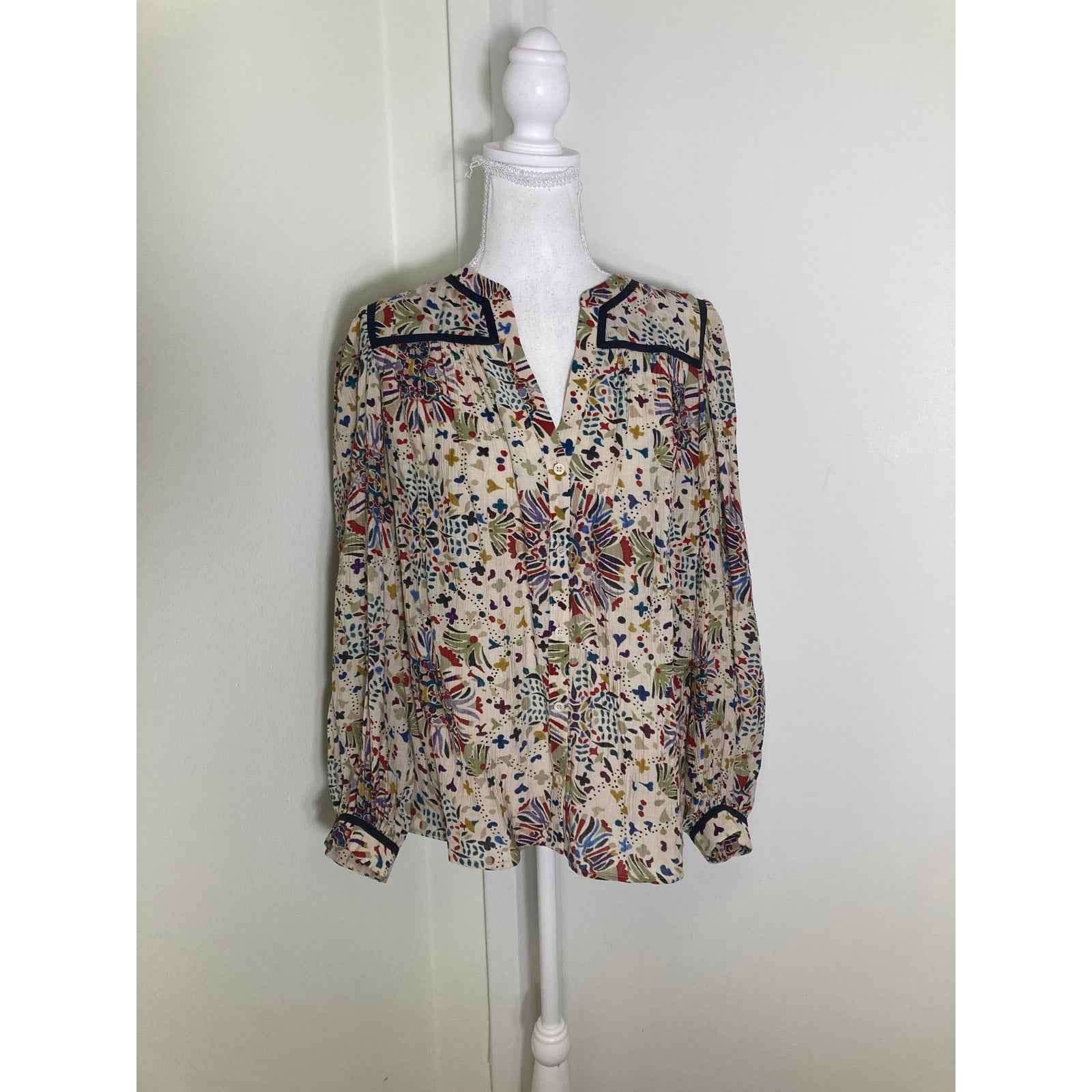 ba&sh Cream W Multi Color Floral/Heart Long Sleeve Shirt Sz 2