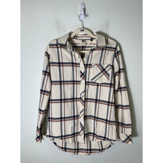 Mod Boutique Blue Brown Long Sleeve Plaid Flannel Button Up Shirt Sz S
