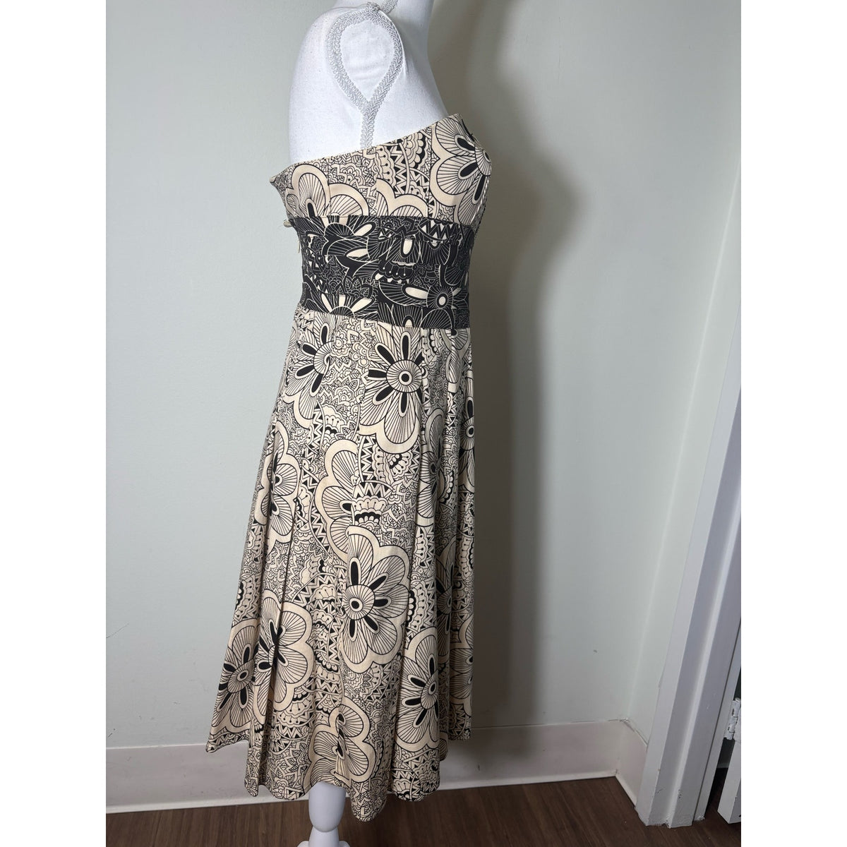 Kay Unger Off White and Black Print Strapless A Line Midi Dress Sz 4