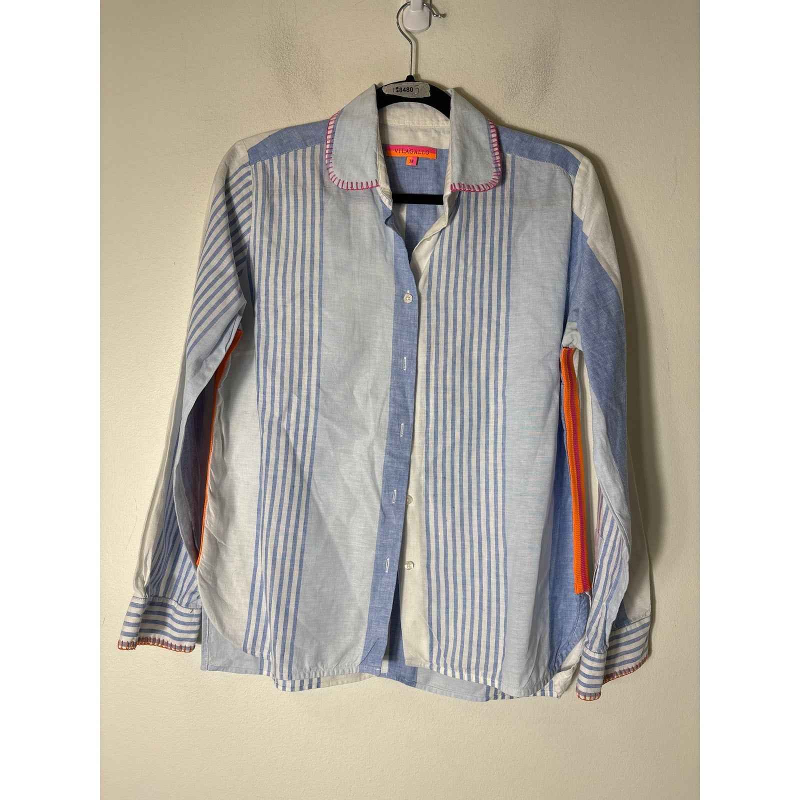 Vilagallo Blue and White Stripe Linen Long Sleeve Shirt S