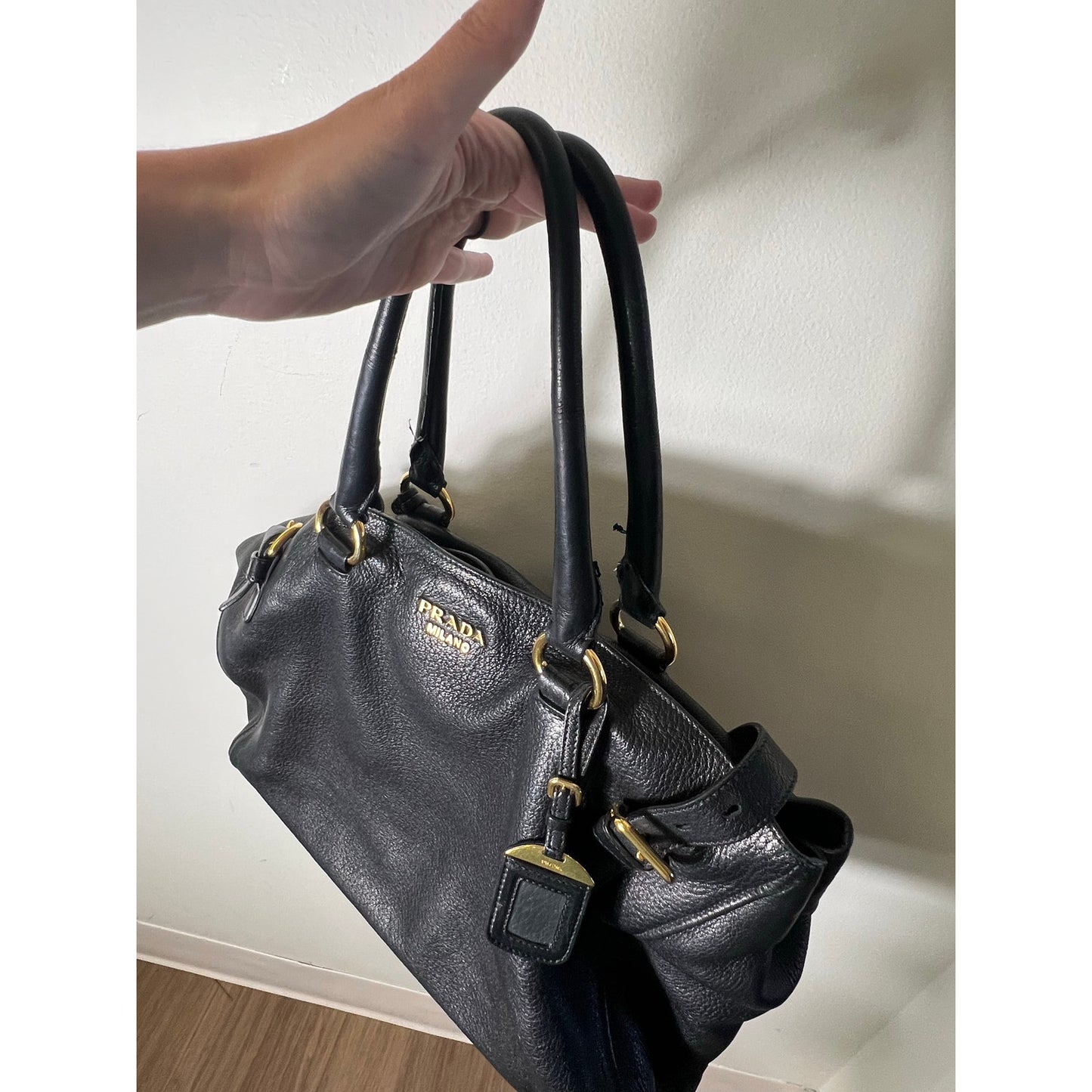 Prada Black Leather Expandable Tote Bag