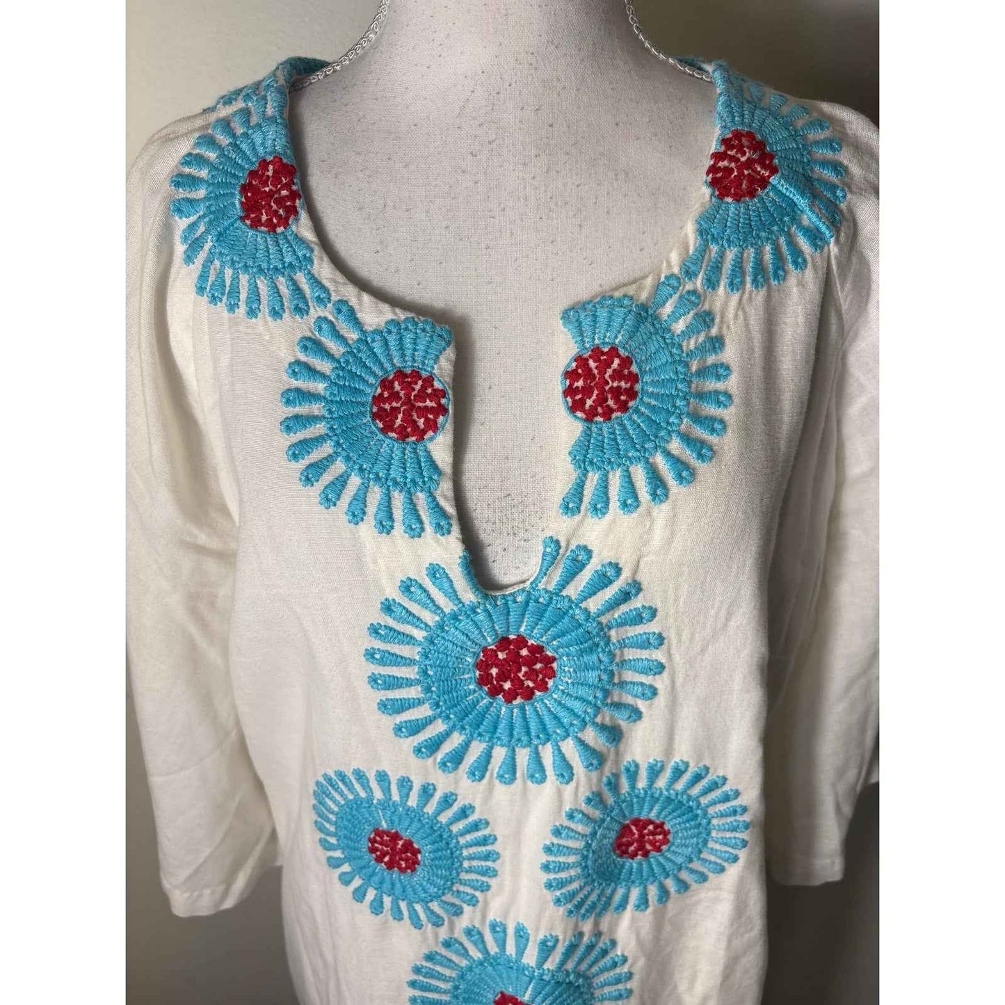 Frances Valentine White Teal and Red Linen Half Sleeve Maxi Dress Sz XL