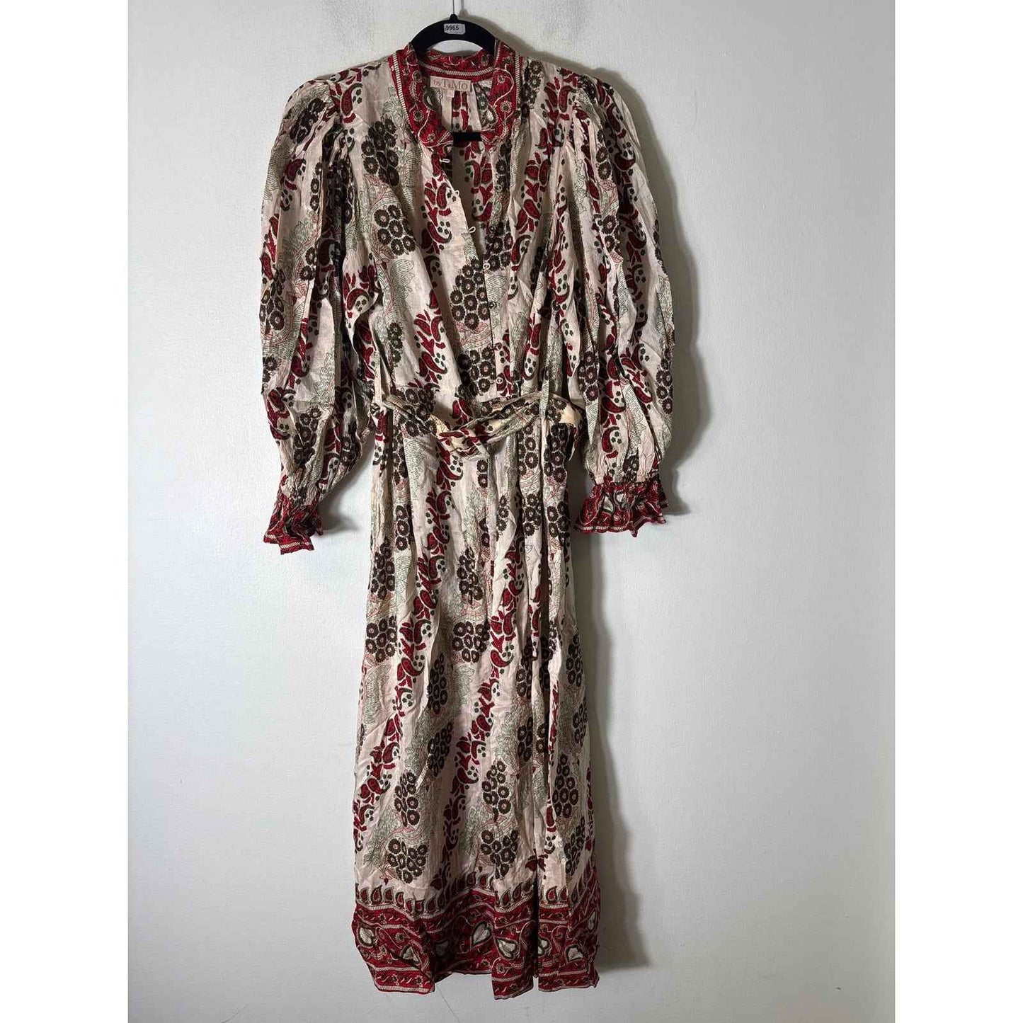 by TiMo Red and Off White Long Sleeve Belted Maxi Dress Sz L