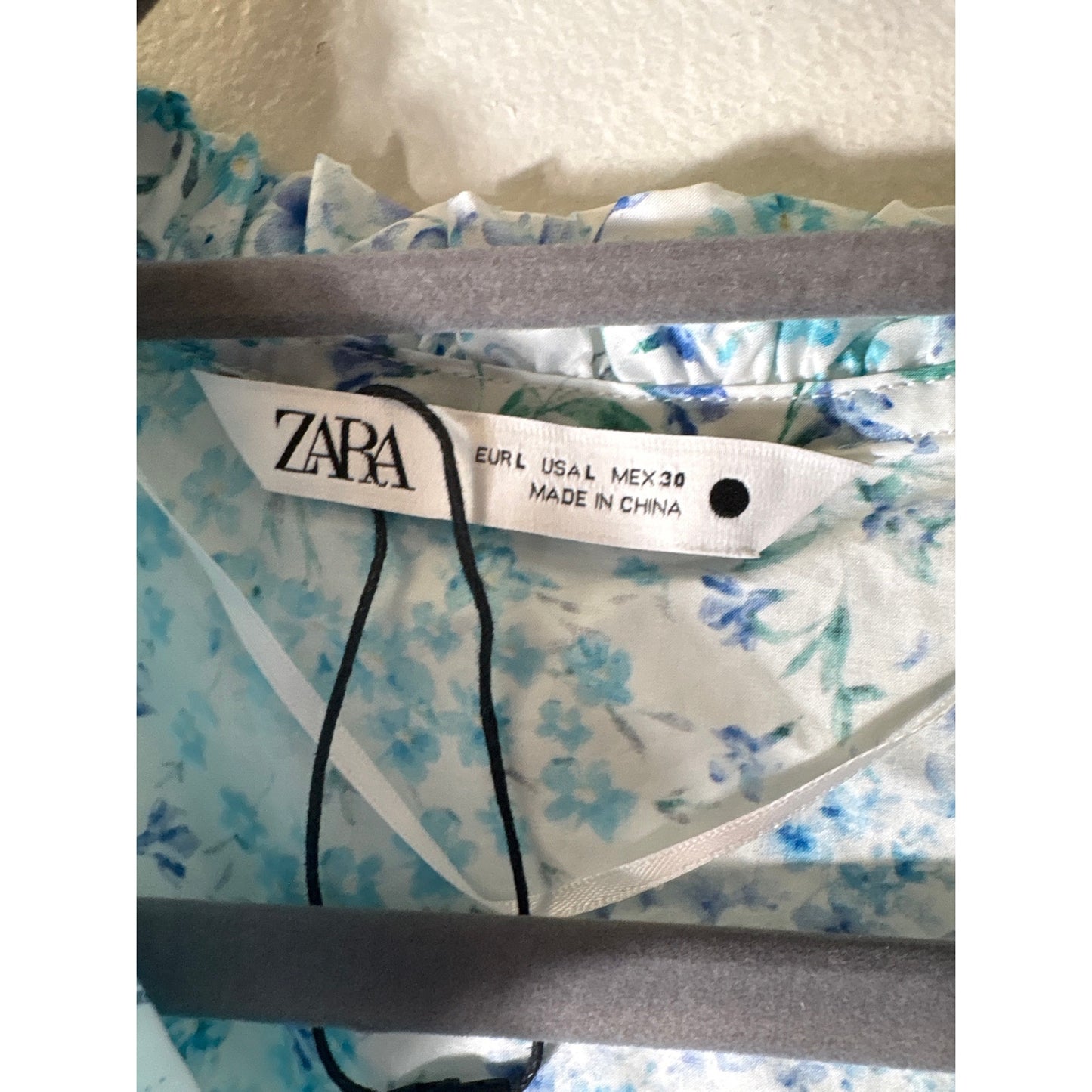 Zara Blue Green Floral 3/4 Sleeve Cotton Mini Dress Sz L