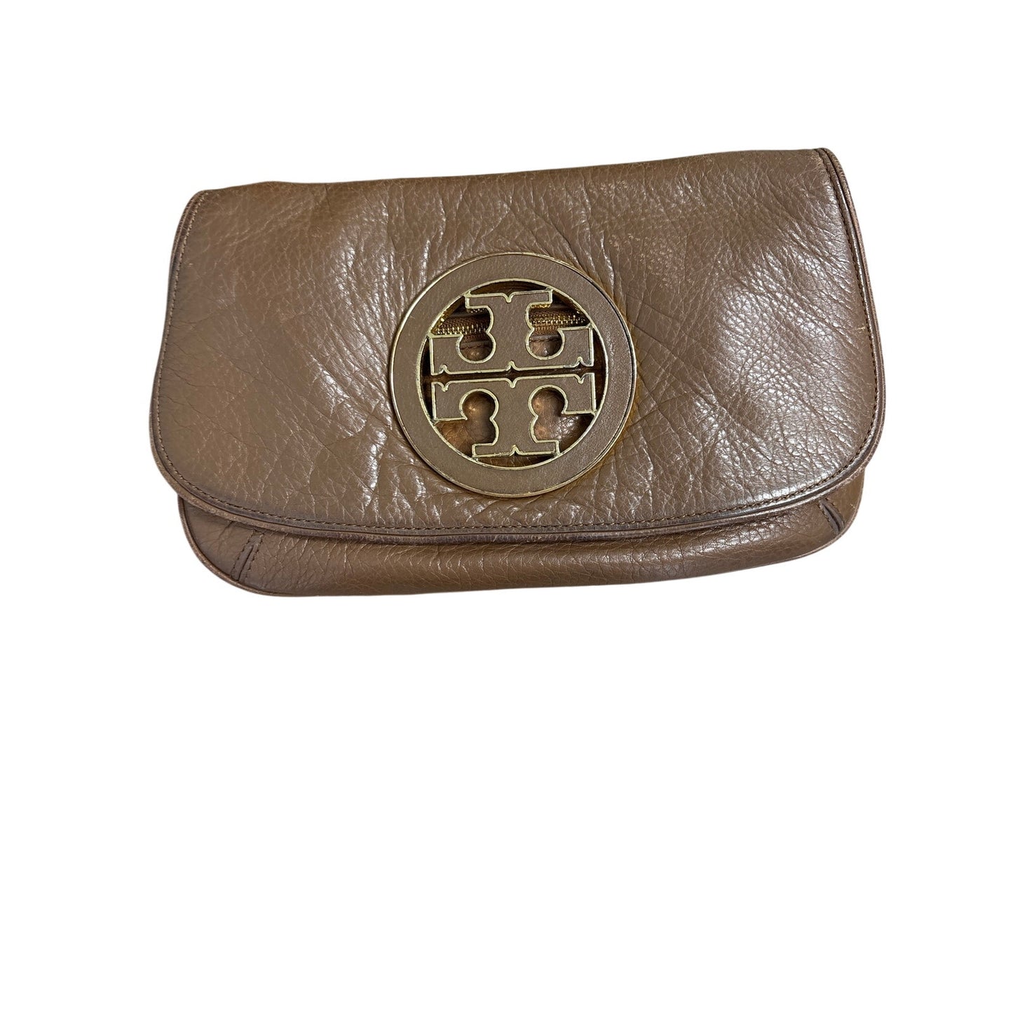 Tory Burch Brown and Gold Emblem Crossbody Bag Sz 11"7"
