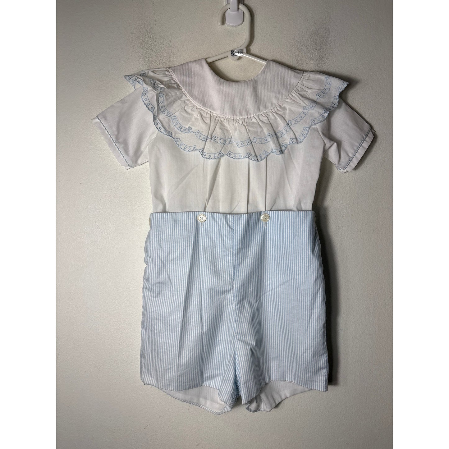 Boys Vintage Monday's Child White Top and Blue stripe button shorts set Sz 5