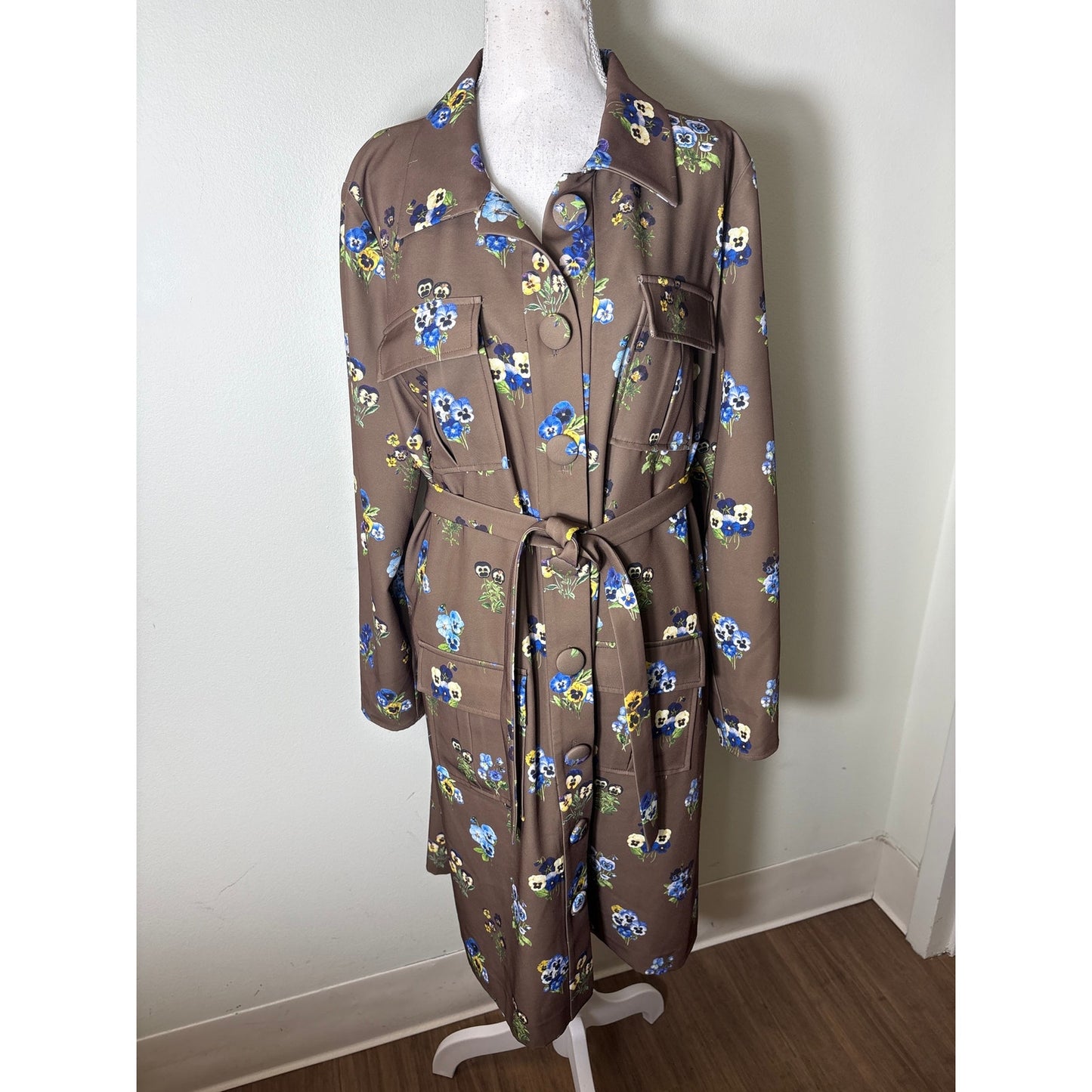 Molly Moorkamp Brown Floral Long Sleeve Button Up Dress Sz 14
