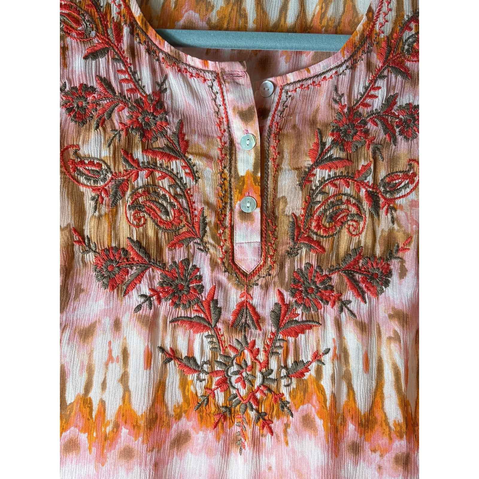Sundance Orange Embroidered Long Sleeve Sheer Blouse Sz M