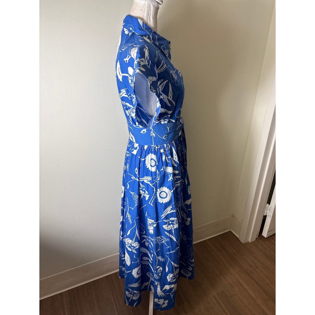 Oliphant Blue and White Bird Print Button Up Cotton Dress Sz XS