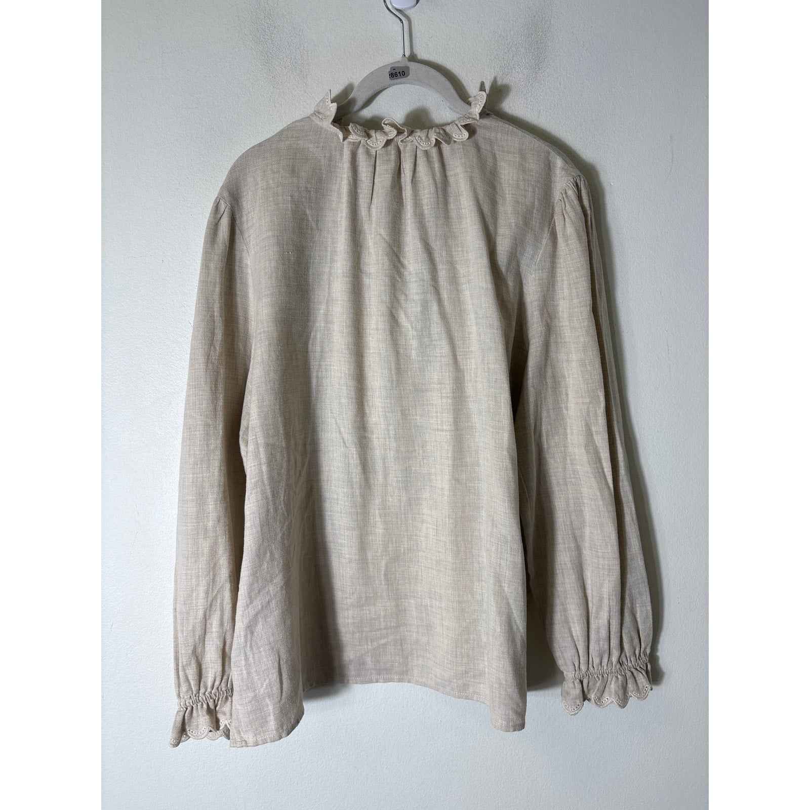 BA&SH Oatmeal Long Sleeve Button Up Ruffle Collar Shirt Sz M
