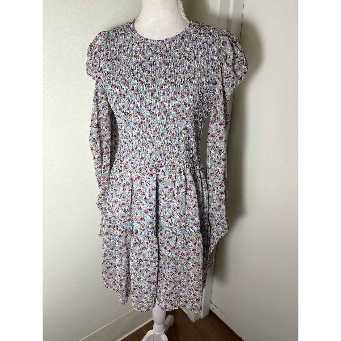 Allison New York Light Blue Floral Long Puff Sleeve Knee Length Sz M