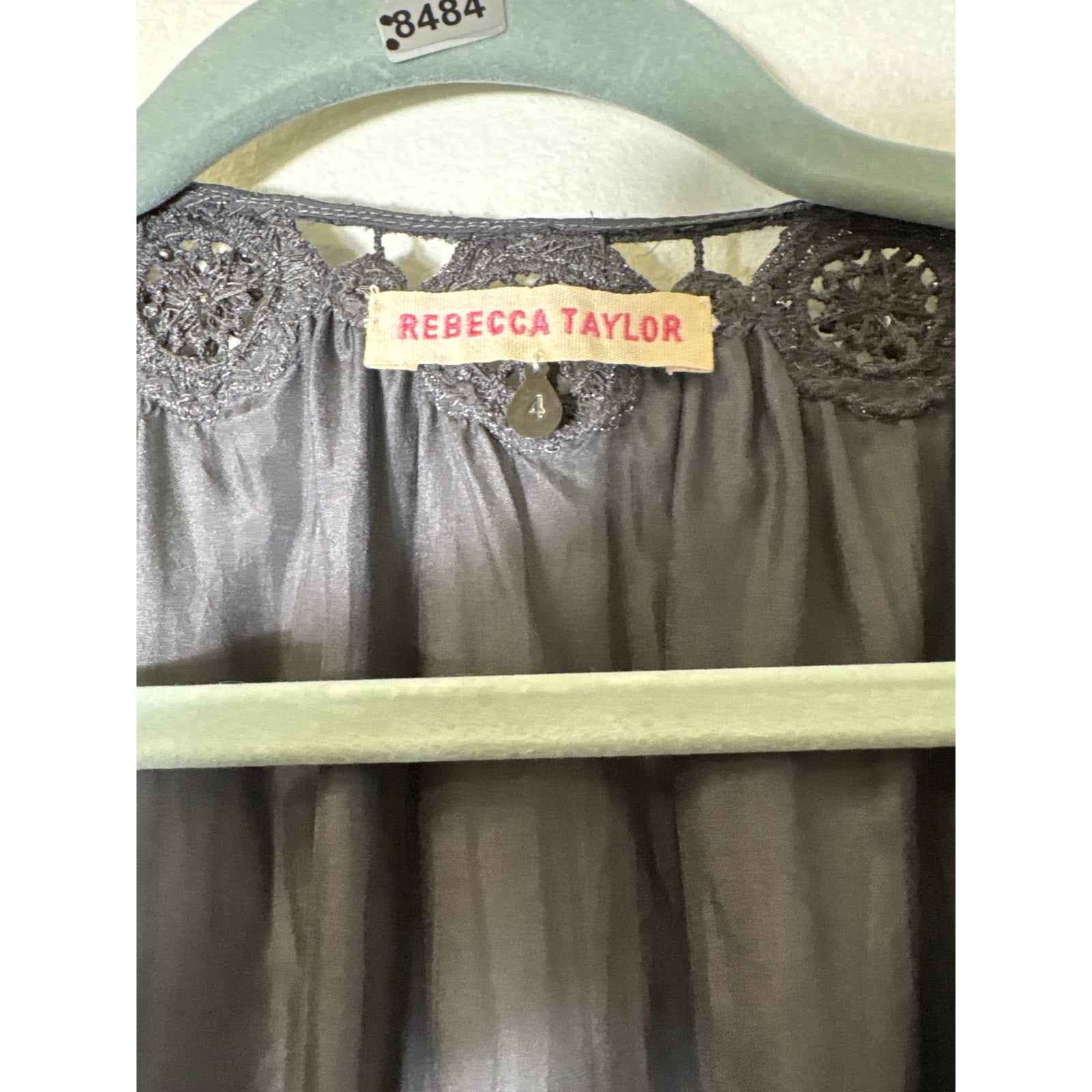 Rebecca Taylor Gray Silk Embellished Neck Ruffled Short Sleeve Top Sz 4