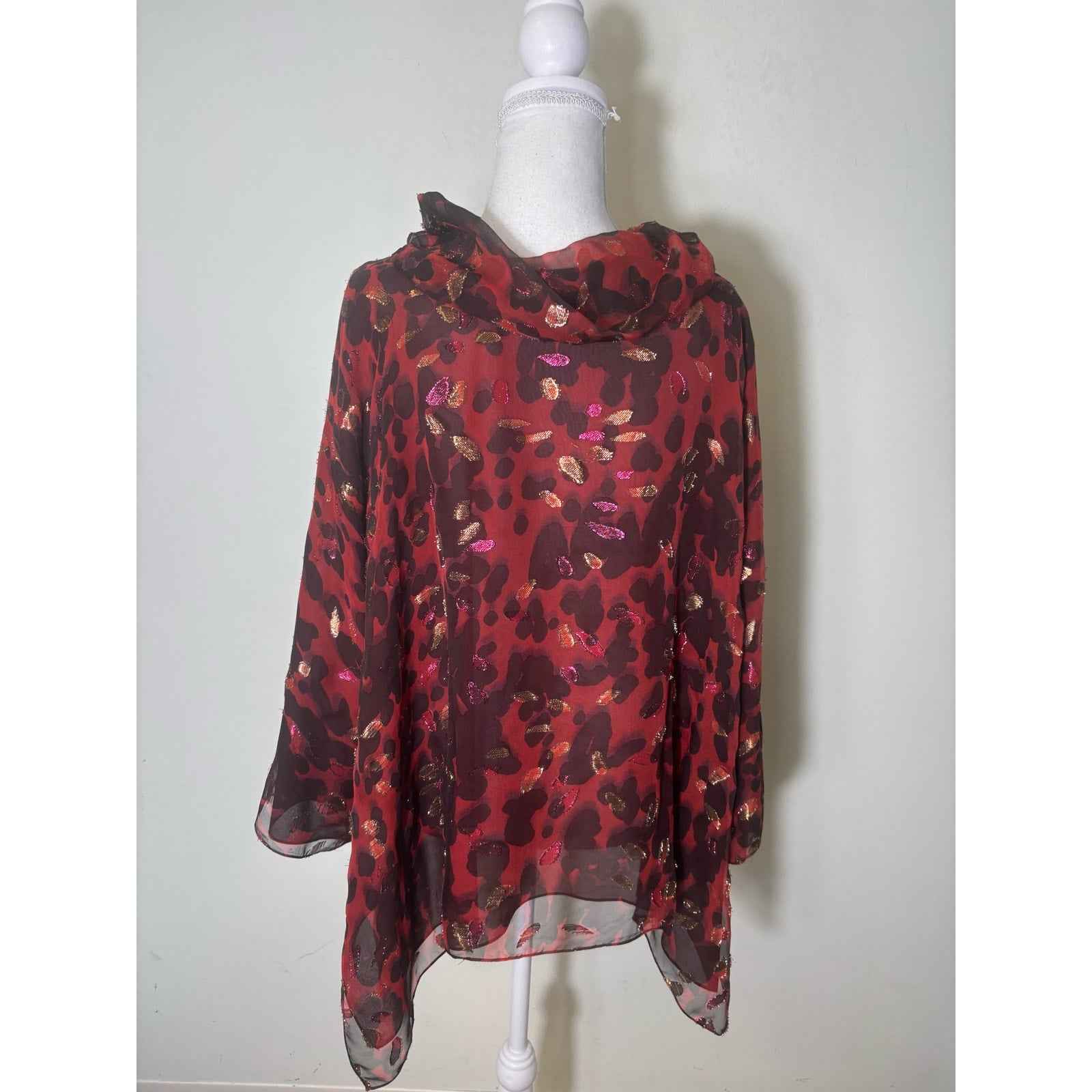 Shamask Red Black Gold Long Sleeve Silk Top Sz 3