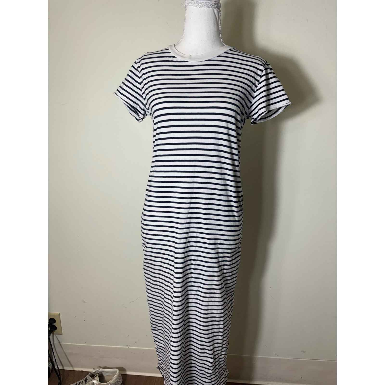 Frank & Eileen Navy and White Stripe Cotton Knit Cap Sleeve Maxi Dress Sz XS