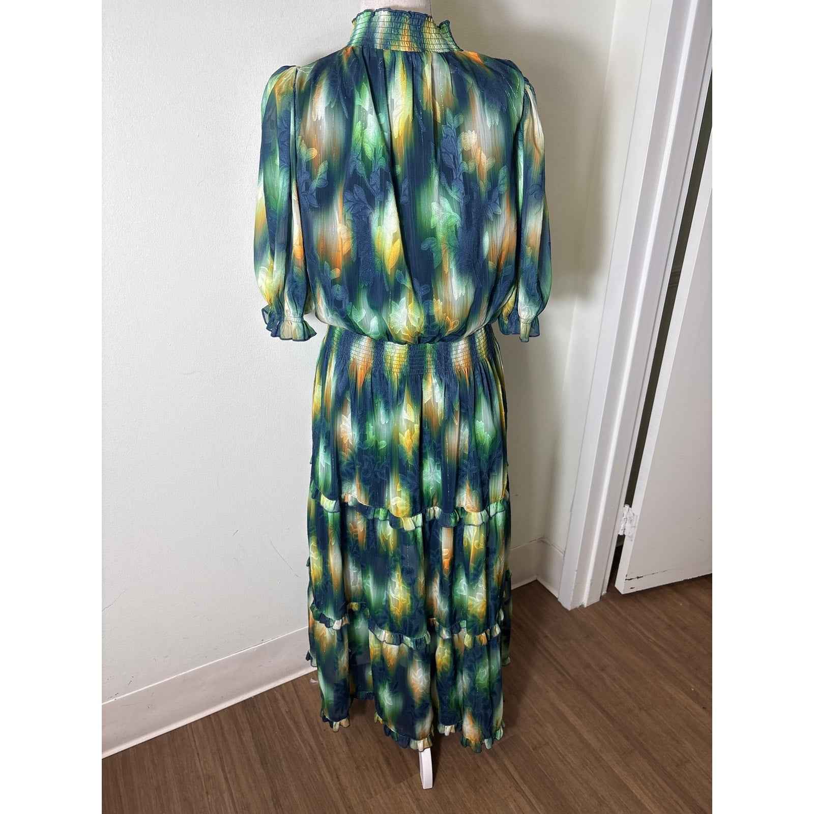 Abbeyglass Navy Green Watercolor 3/4 Sleeve Maxi Dress Sz L