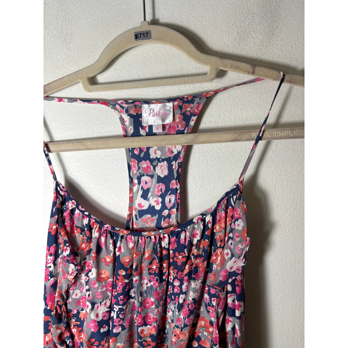 Parker Pink Navy Floral Sleeveless Silk Dress Sz M