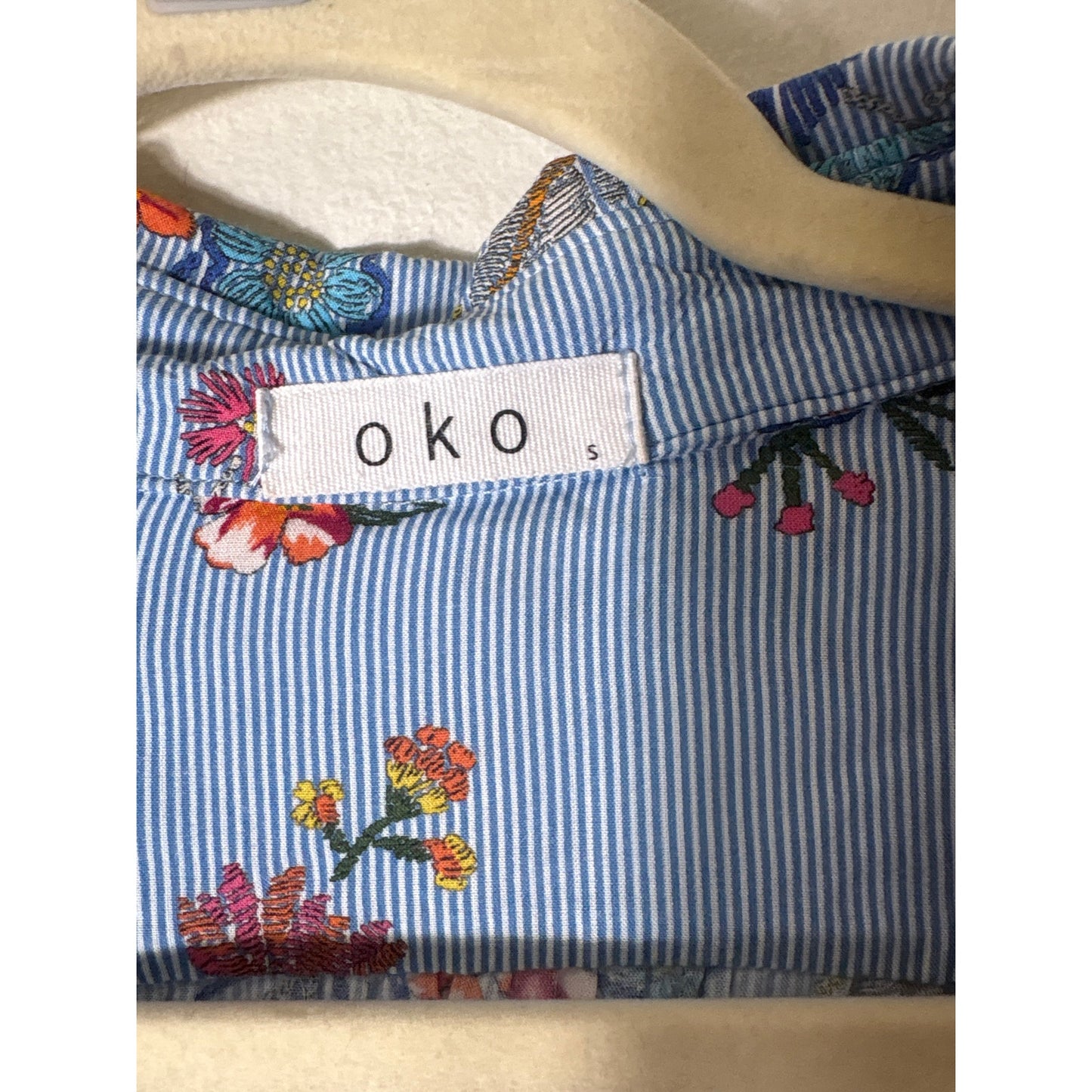 Oko Blue Stripe Floral Short Sleeve Top Sz S