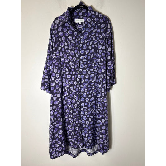 Brooke Wright Navy and Purple Cheetah Print Button Up Shirt Dress Sz L