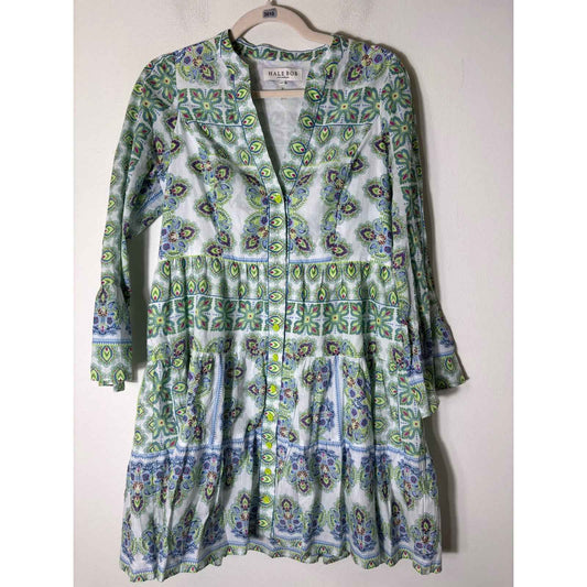 Hale Bob Green Print Long Sleeve V-Neck Cotton Mini Dress Sz XS
