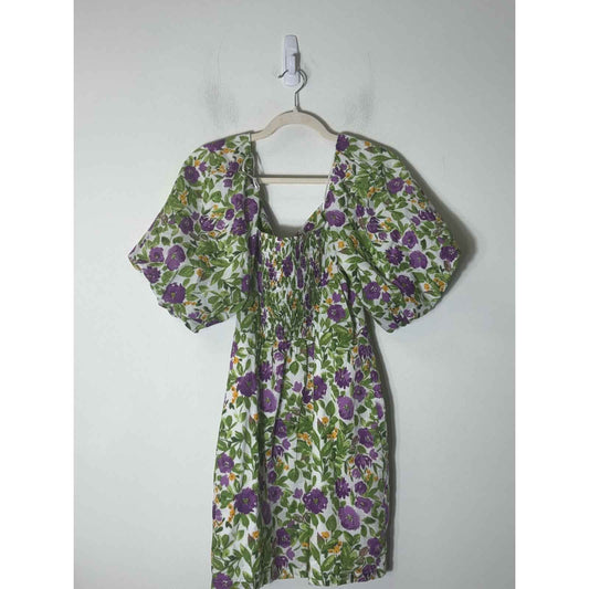 Milk and Honey Green and Purple Floral 1/2 Balloon Sleeve Cotton Dress Sz L