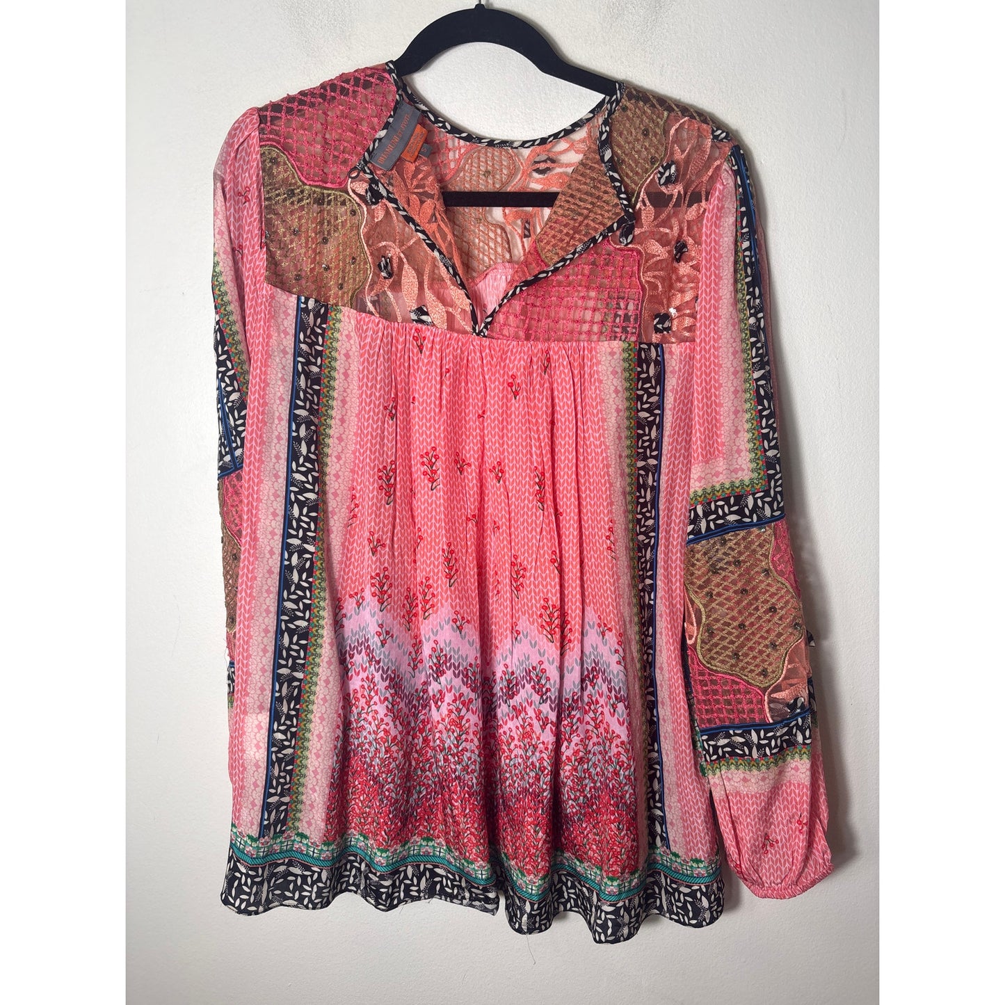 BHANUNI by JYOTI.... Pink Long Sleeve Babydoll Embroidered Tunic Sz S