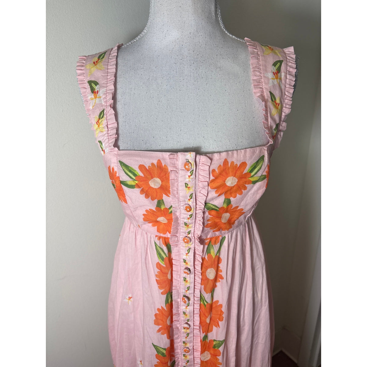 FArm Rio Pink Orange Floral Backless Cotton Maxi Dress Sz S