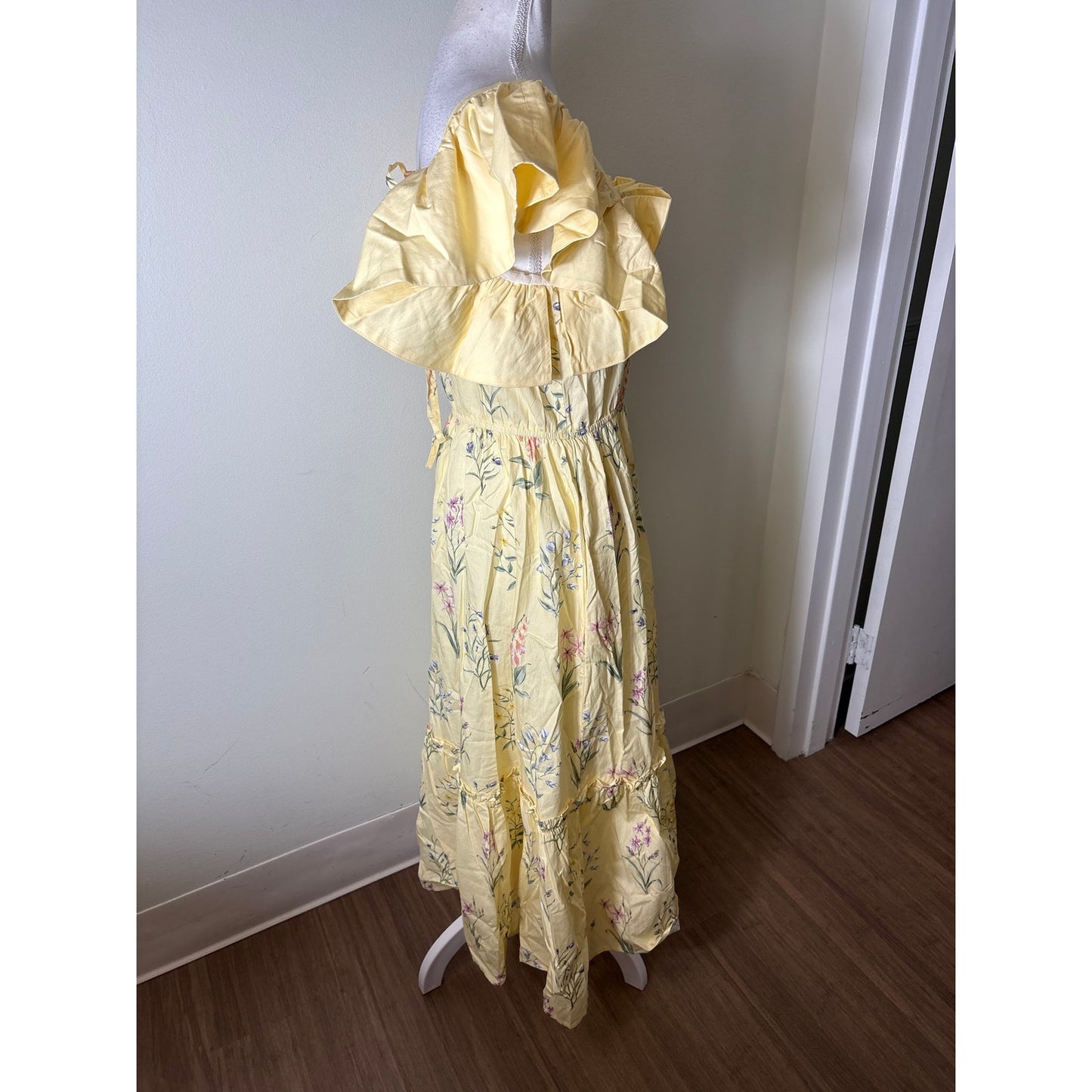 Floraison Lane Pale Yellow Floral Flutter Sleeve Cototn Maxi Dress Sz 10