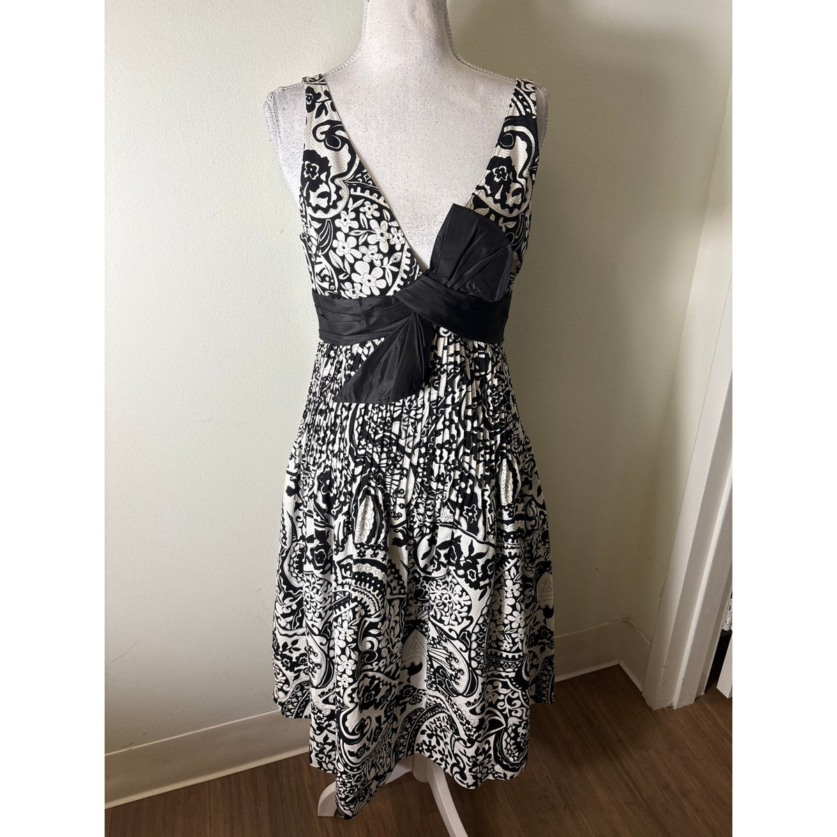 Teri Jon Black White Sleeveless Cotton Midi Dress Sz 4