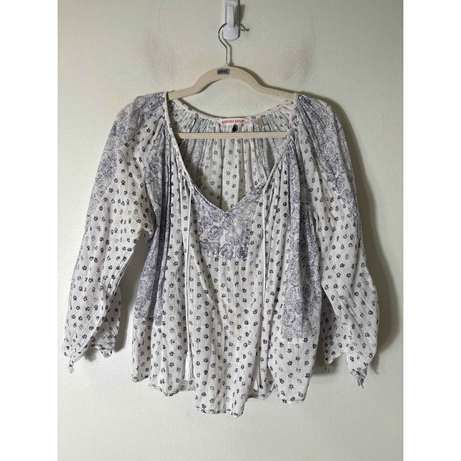 Rebecca Taylor White and Purple Gauzy Peasant Shirt Sz6