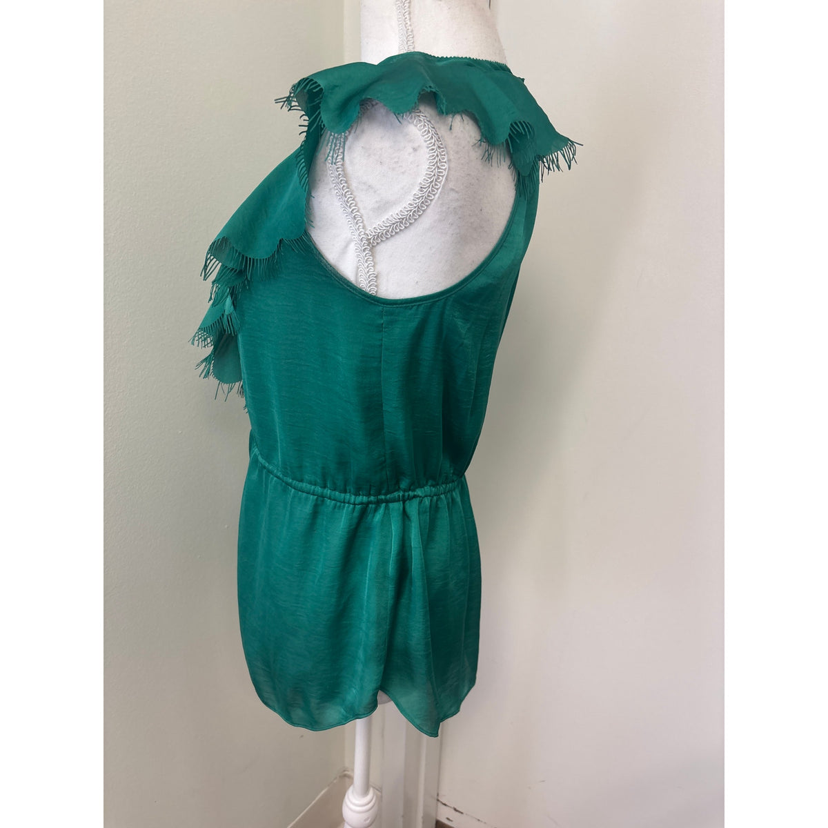 Rebecca Taylor Green Sleeveless Ruffle V-Neck Scalloped Ruffle Shirt Sz 4