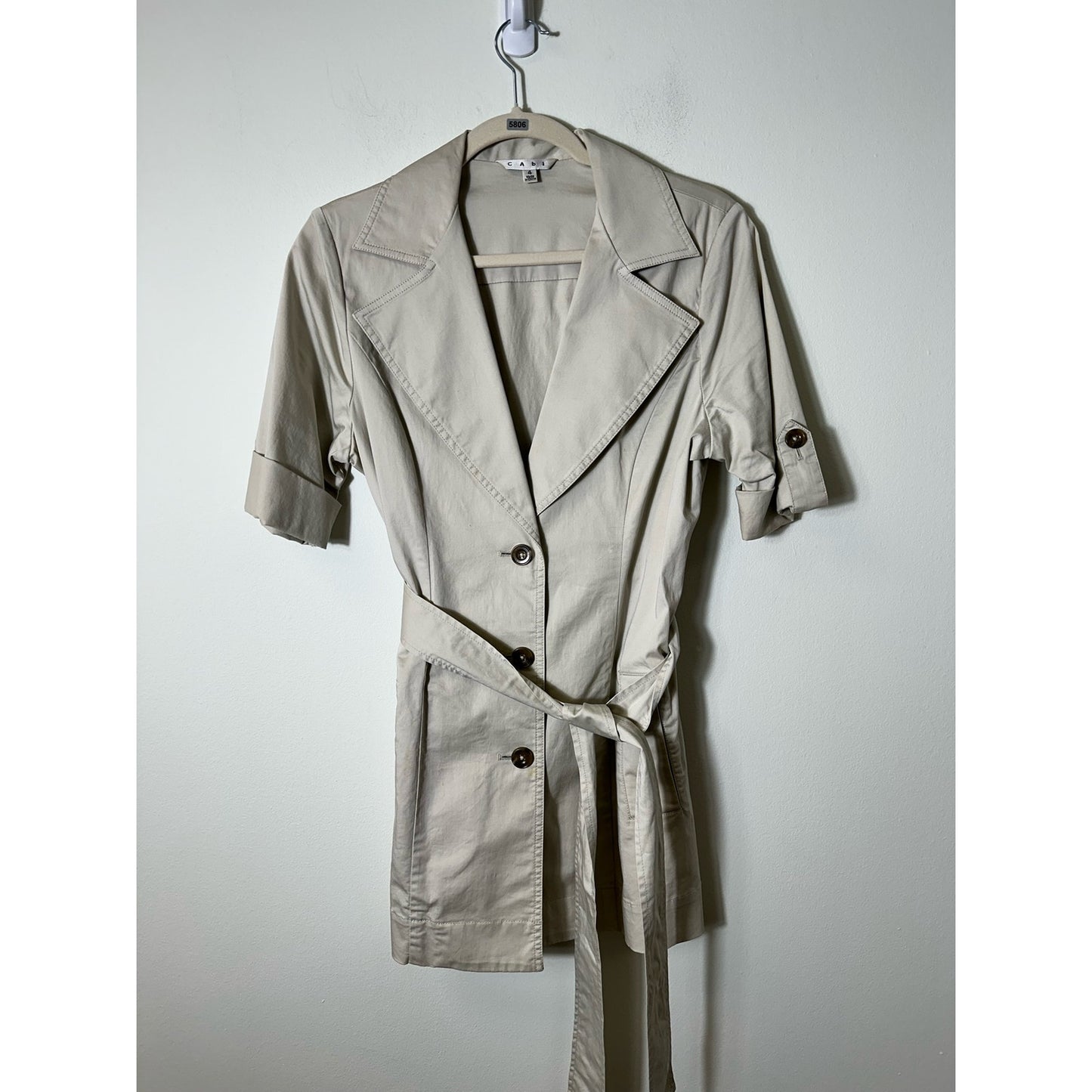 Cabi Tan Khaki Short Sleeve Short Belted Trench Coat Style Jacket Sz 4