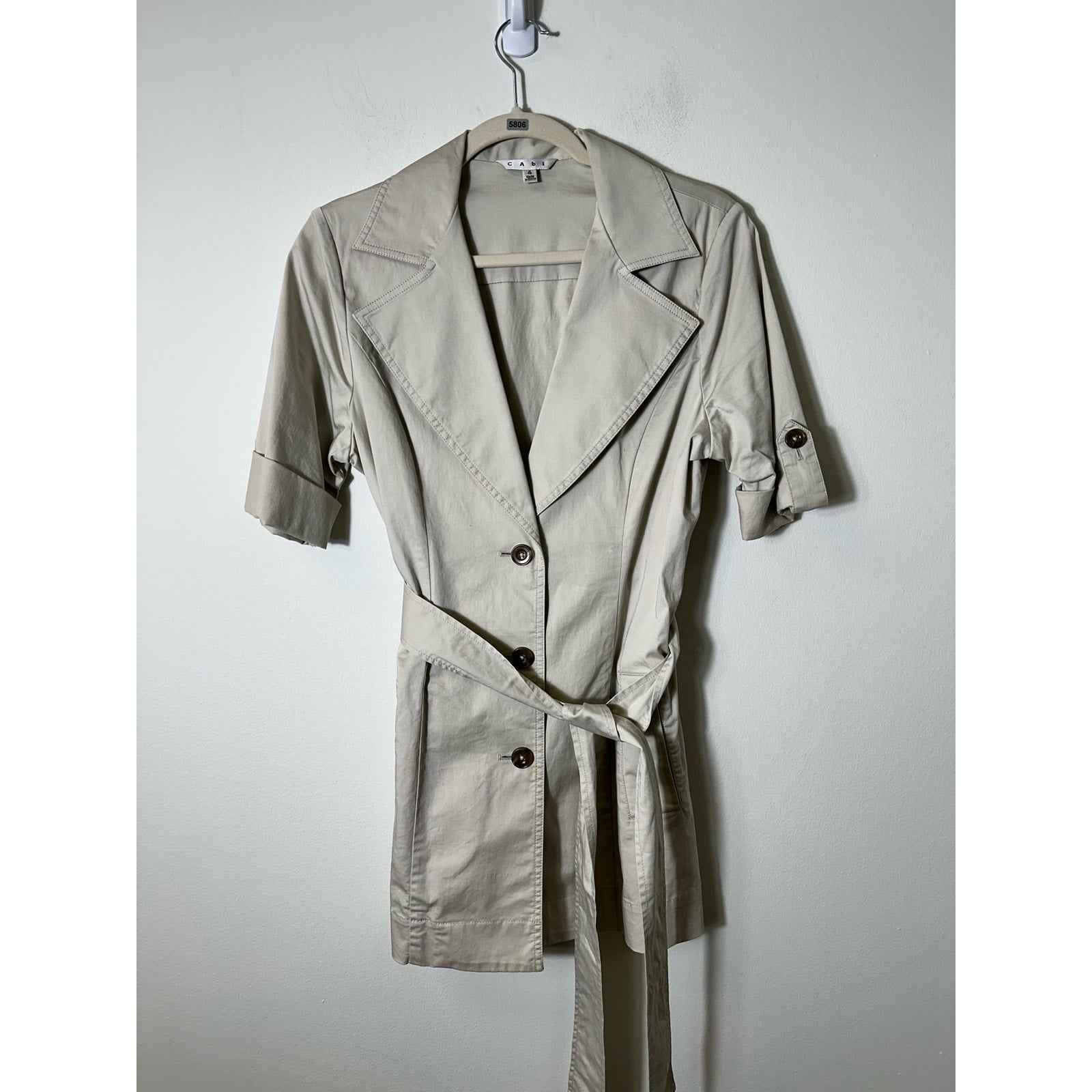 Cabi Tan Khaki Short Sleeve Short Belted Trench Coat Style Jacket Sz 4