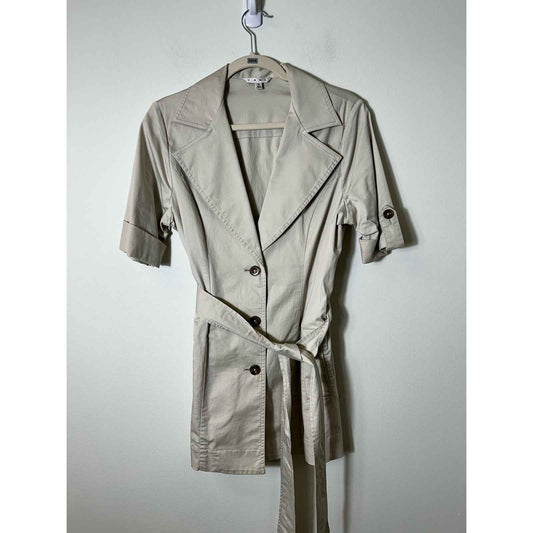 Cabi Tan Khaki Short Sleeve Short Belted Trench Coat Style Jacket Sz 4