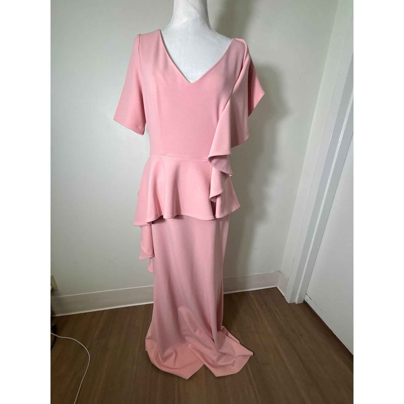 Badgley Mischka Blush Pink Half Sleeve Floor Length Ruffle Gown Sz 6