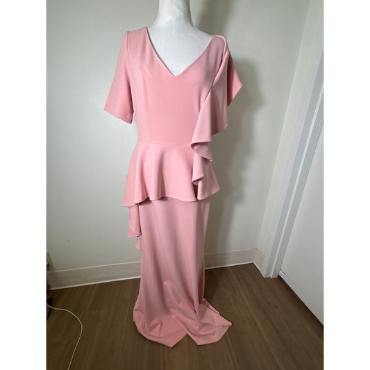 Badgley Mischka Blush Pink Half Sleeve Floor Length Ruffle Gown Sz 6