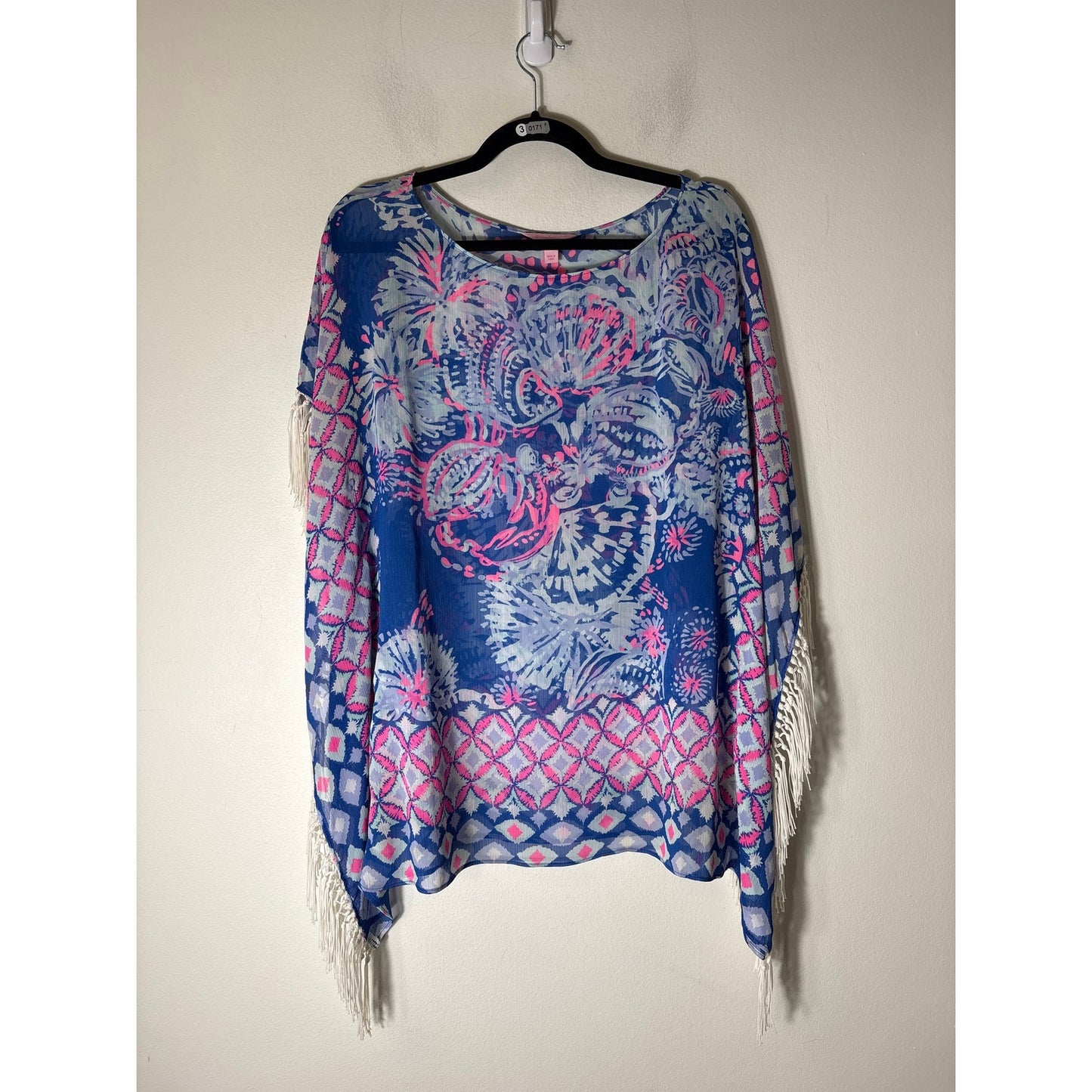 Lilly Pullitzer Blue and Pink Fringed Sheer Poncho Sz M